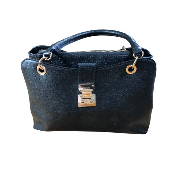 Guess Black Handbag Embossed Logo Faux Leather Purse Gold-Tone Hardware Handles - Picture 2 of 15